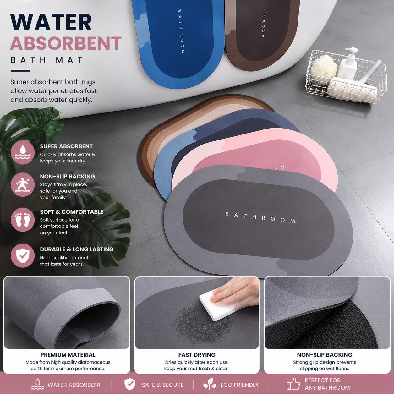 Ultra Absorbent Bathroom Floor Mat | Non-Slip Quick Dry Bath Mat | HomeZex